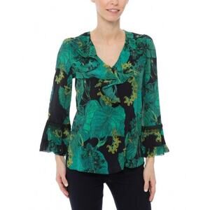 KOBI HALPERIN Yardi Seagreen Leaf Print Silk Blouse Womens Size S Small